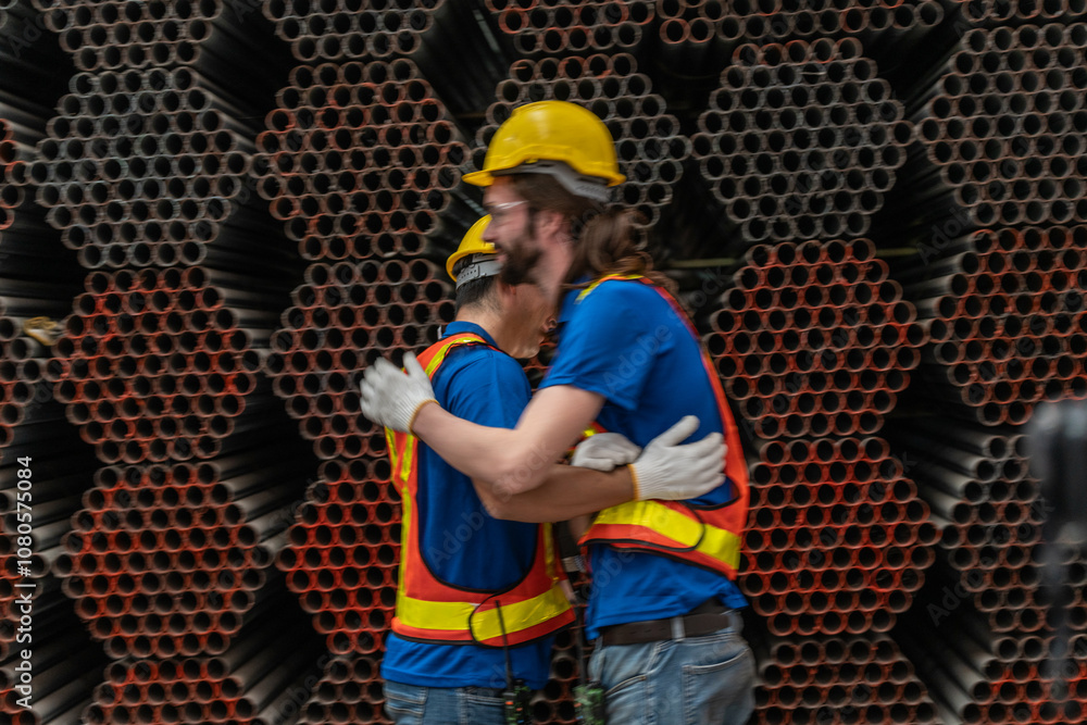 Two construction workers, wearing yellow helmets and reflective vests, collaborate in an industrial setting. They review information on a tablet, emphasizing teamwork, technology, and workplace safety Two construction workers, wearing yellow helmets and reflective vests, collaborate in an industrial setting. They review information on a tablet, emphasizing teamwork, technology, and workplace safety