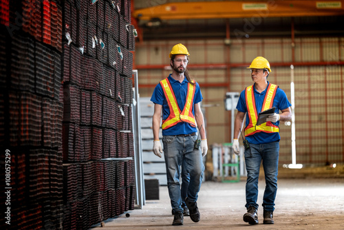 Two construction workers, wearing yellow helmets and reflective vests, collaborate in an industrial setting. They review information on a tablet, emphasizing teamwork, technology, and workplace safety