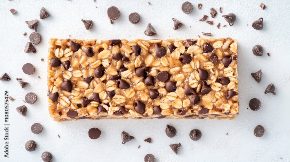 A top view of a single chocolate chip granola bar surrounded by chocolate chips on a white background. A top view of a single chocolate chip granola bar surrounded by chocolate chips on a white background.
