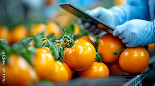 Fresh orange tomatoes are being inspected with smartphone in modern agricultural setting, showcasing blend of technology and farming