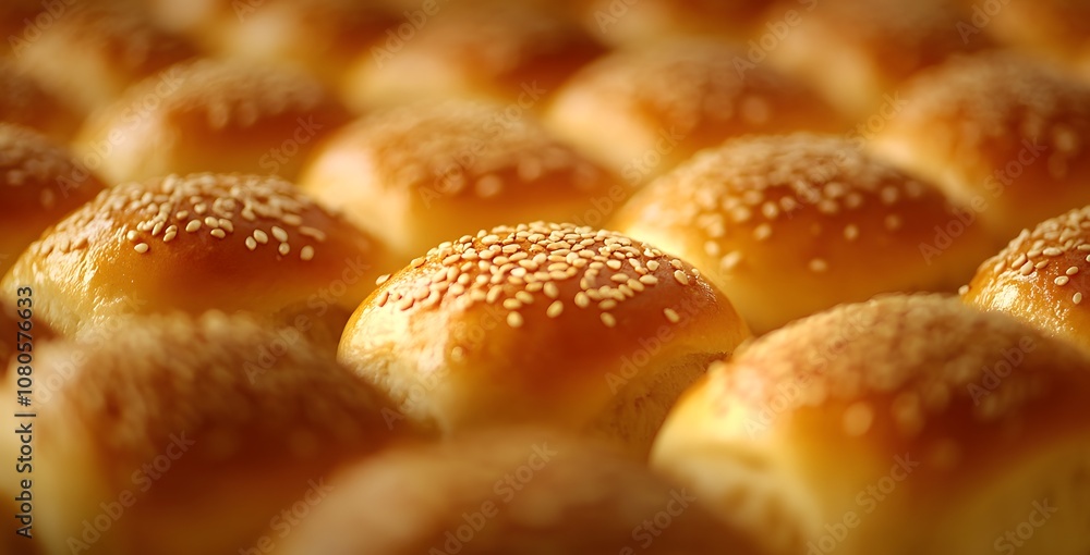 A close-up of sweet buns with sesame seeds on top, arranged in rows on the table. The focus is sharp and clear, A close-up of sweet buns with sesame seeds on top, arranged in rows on the table. The focus is sharp and clear,