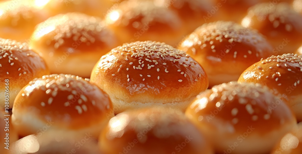 A close-up of sweet buns with sesame seeds on top, arranged in rows on the table. The focus is sharp and clear, A close-up of sweet buns with sesame seeds on top, arranged in rows on the table. The focus is sharp and clear,
