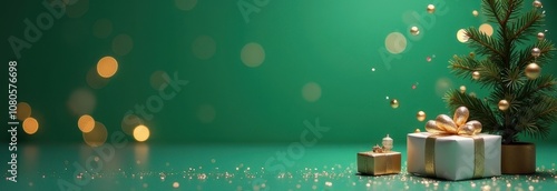 Banner with Christmas gifts, fir tree and New Year lights on a green background. Winter green decor background with copy space for text, advertising, new year card photo