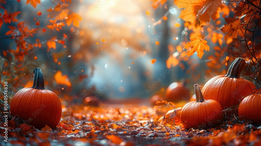 Pumpkins and Autumn Leaves on a Forest Path Pumpkins and Autumn Leaves on a Forest Path