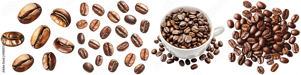 Coffee lover and beans addict, A collection of coffee beans alongside a cup filled with roasted coffee beans. Coffee lover and beans addict, A collection of coffee beans alongside a cup filled with roasted coffee beans.