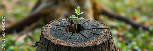 A sprout emerging from the base of a cut-down tree's stump, stump, roots, regrowth