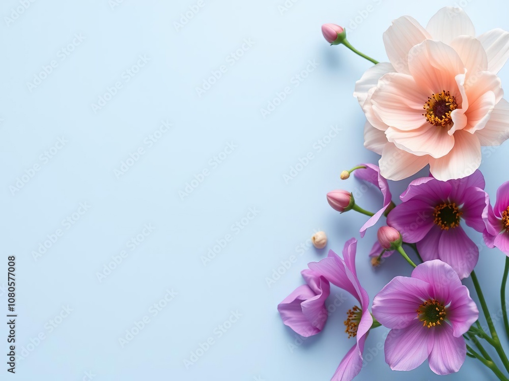 Fototapeta premium delicate flower details on a calm blue background, botanical photography, garden scene