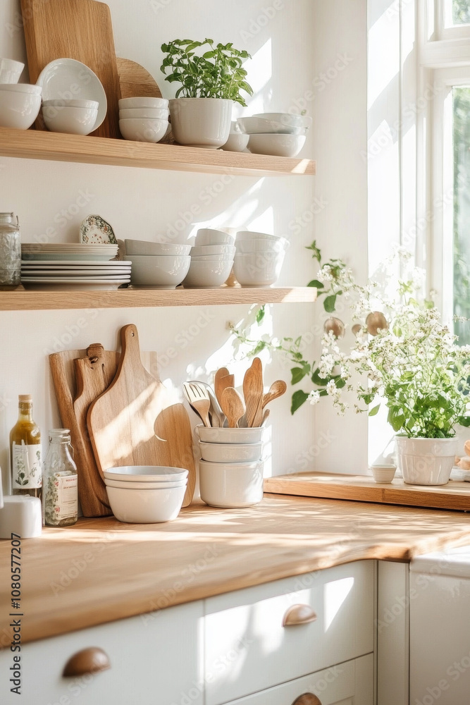 A bright and airy kitchen interior featuring wooden shelves adorned with white dishware, cutting boards, and fresh herbs. sunlight enhances warm tones, creating cozy atmosphere A bright and airy kitchen interior featuring wooden shelves adorned with white dishware, cutting boards, and fresh herbs. sunlight enhances warm tones, creating cozy atmosphere