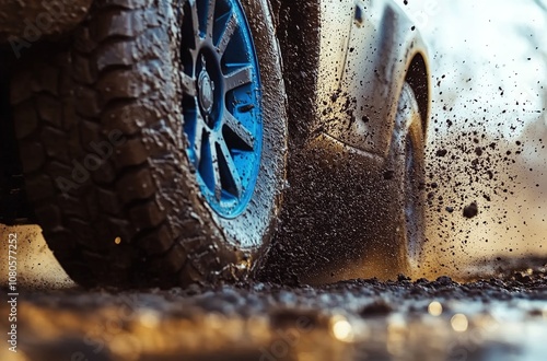 
Close-up of a car tire with a blue rim driving on a muddy and dirty road
 photo