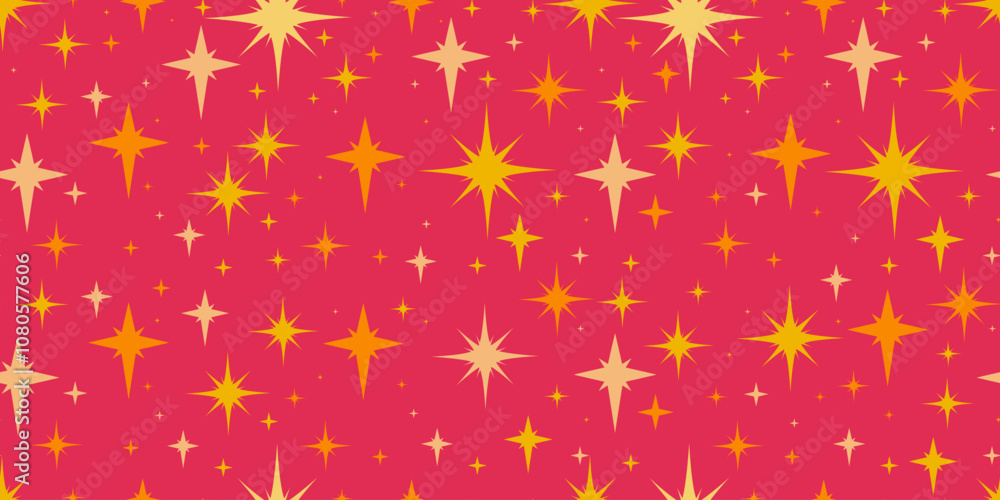 Golden Star Seamless Pattern with Flat Sparkes Symbols. Cute background with glowing lights. Modern holiday design with different star shapes Golden Star Seamless Pattern with Flat Sparkes Symbols. Cute background with glowing lights. Modern holiday design with different star shapes