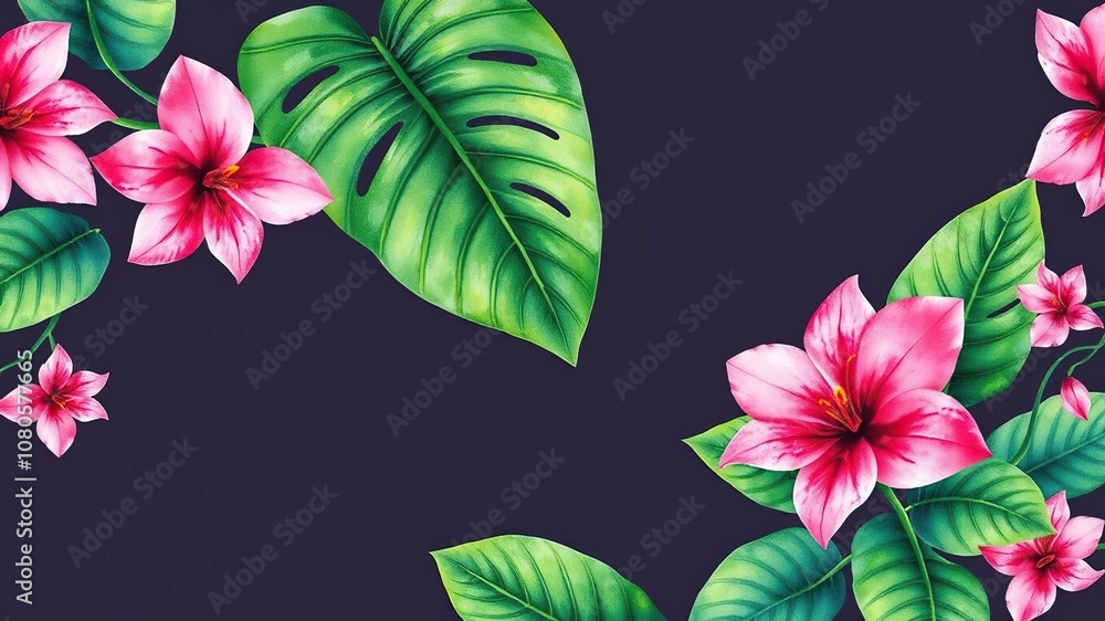 Obraz premium Vibrant Monstera Leaves and Pink Flowers in Watercolor, nature-inspired designs, colorful flowers, watercolor art