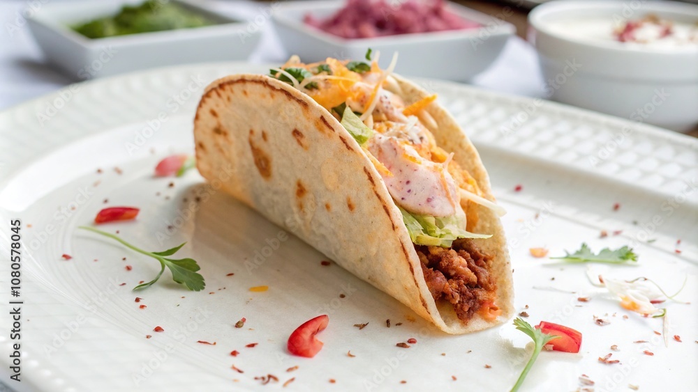 A delicate, hand-painted taco made from soft, blended colors on a crisp white surface, with intricate details and subtle shading, graphic, realistic, illustration, colorful A delicate, hand-painted taco made from soft, blended colors on a crisp white surface, with intricate details and subtle shading, graphic, realistic, illustration, colorful