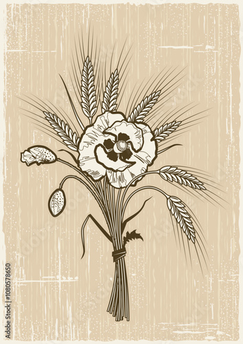 Illustration of vintage-style wheat grains and flowers, blending rustic elegance with natural floral motifs. Ideal for organic branding, bakery logos, and classic farm-themed designs.

 photo