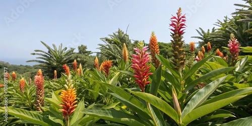 Exotic flowers blooming in the undergrowth, rainforest botany, tropical blooms, epiphytic plants