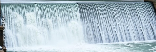 Water flows over the spillway of a dam into a large pool below, nature scene, waterfall effect