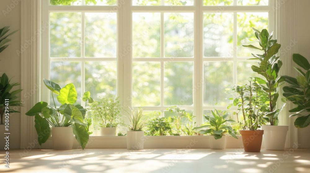 Bright sunlight streams through large window, illuminating variety of lush green plants arranged in pots. serene atmosphere creates refreshing and vibrant indoor garden feel Bright sunlight streams through large window, illuminating variety of lush green plants arranged in pots. serene atmosphere creates refreshing and vibrant indoor garden feel
