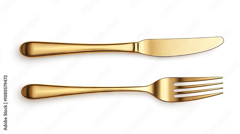Elegant gold knife and fork arranged separately on a pristine background, showcasing timeless dining sophistication and luxury Elegant gold knife and fork arranged separately on a pristine background, showcasing timeless dining sophistication and luxury