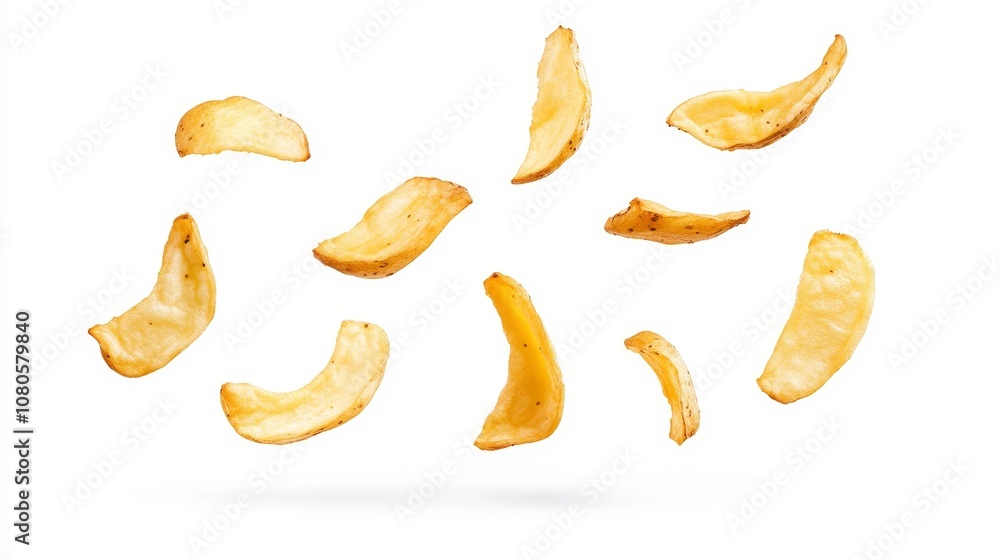 Floating Crispy Potato Chips in Midair Against a Clean White Background, Perfect for Snack Advertising and Culinary Concepts Floating Crispy Potato Chips in Midair Against a Clean White Background, Perfect for Snack Advertising and Culinary Concepts