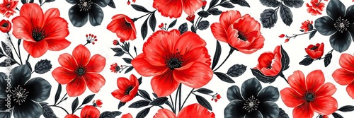 Wallpaper Mural Red and black exotic flowers watercolor washi paper design in repeating floral pattern, tropical flowers, wallpaper Torontodigital.ca