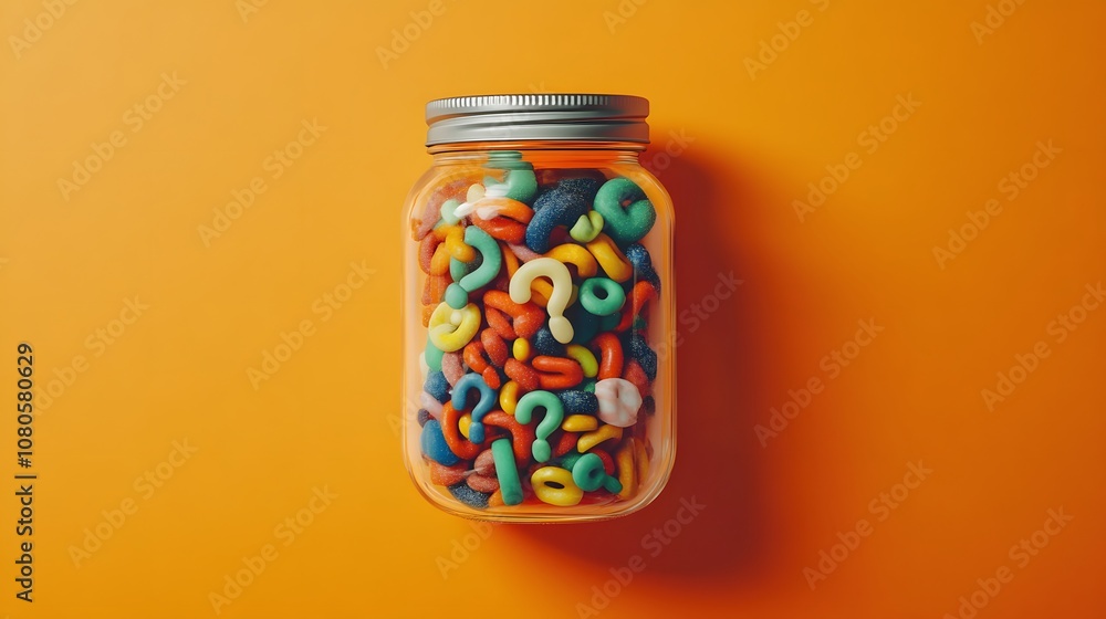 A glass jar filled with colorful candy and question marks on an orange background, symbolizing the idea of a well-organized, visually appealing composition. 
