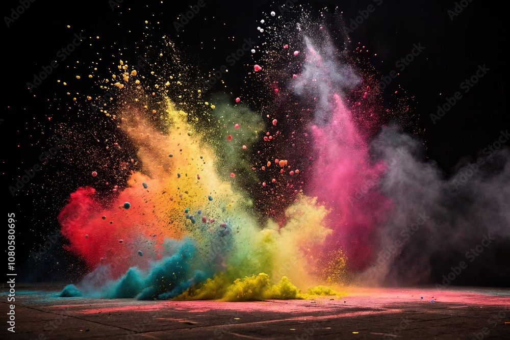 Fototapeta premium A dark background splattered with colorful powders and paints in a chaotic explosive mix of colors and shapes creating a visual feast, explosion, powders, colors, energetic