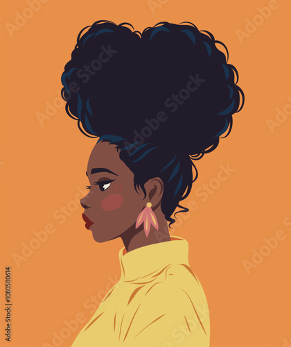 Afro black woman pose sideways curly hairstyle avatar for social media. Vector portrait poster illustration