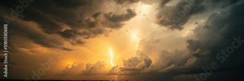 A dramatic scene of a storm with bright yellow and azure thunder illuminating the dark clouds on the ground below, storm, weather