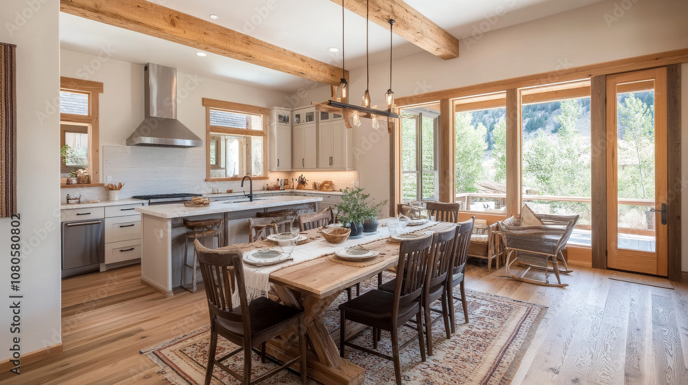 A modern kitchen with wooden beams features spacious dining area. Natural light floods room through large windows, creating warm and inviting atmosphere A modern kitchen with wooden beams features spacious dining area. Natural light floods room through large windows, creating warm and inviting atmosphere