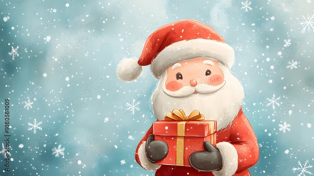 Whimsical watercolor illustration of cute chibi-style Santa Claus character holding red gift box, featuring classic design elements against soft blue snowflake background. Whimsical watercolor illustration of cute chibi-style Santa Claus character holding red gift box, featuring classic design elements against soft blue snowflake background.