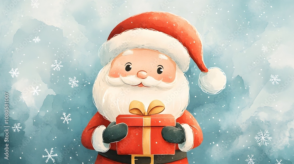 Whimsical watercolor illustration of cute chibi-style Santa Claus character holding red gift box, featuring classic design elements against soft blue snowflake background. Whimsical watercolor illustration of cute chibi-style Santa Claus character holding red gift box, featuring classic design elements against soft blue snowflake background.