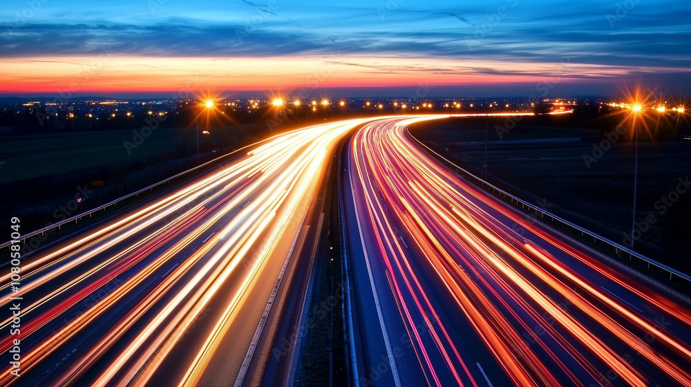 Nighttime aerial shot of a busy urban highway with bright, colorful light trails from moving vehicles, symbolizing the energy and efficiency of modern transportation infrastructure Nighttime aerial shot of a busy urban highway with bright, colorful light trails from moving vehicles, symbolizing the energy and efficiency of modern transportation infrastructure