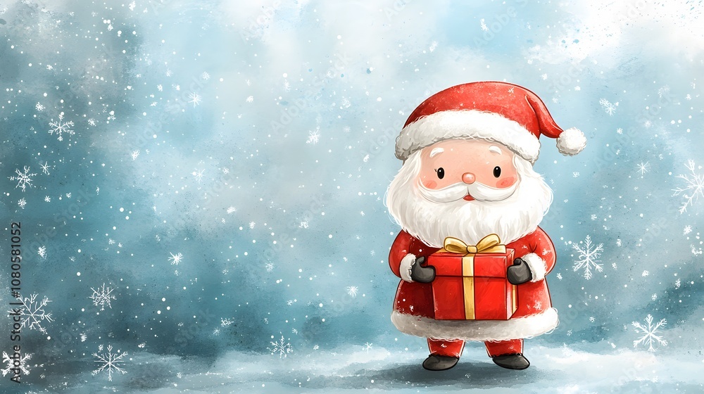 Whimsical watercolor illustration of cute chibi-style Santa Claus character holding red gift box, featuring classic design elements against soft blue snowflake background. Whimsical watercolor illustration of cute chibi-style Santa Claus character holding red gift box, featuring classic design elements against soft blue snowflake background.