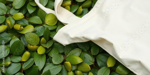 Close-up shot of cotton tote bag spread on a bed of fresh leaves, with a few leaves peeking out from underneath the bag, ecoconscious, greenliving, sustainablefashion photo