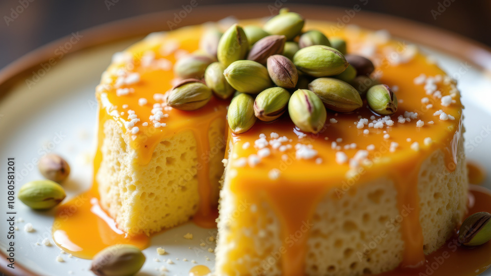 Deliciously presented kunafa with a caramel topping and roasted nuts on top. A delectable Middle Eastern dessert ready to be enjoyed. Deliciously presented kunafa with a caramel topping and roasted nuts on top. A delectable Middle Eastern dessert ready to be enjoyed.