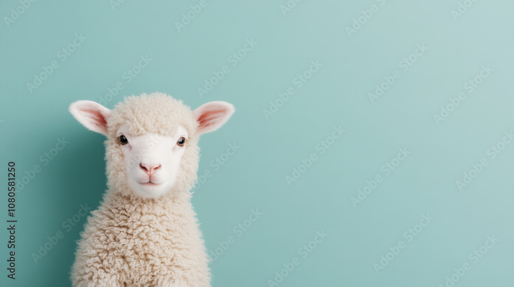 Fluffy lamb with soft wool against pastel blue background, exuding sense of innocence and charm. This adorable animal captures attention with its curious expression Fluffy lamb with soft wool against pastel blue background, exuding sense of innocence and charm. This adorable animal captures attention with its curious expression
