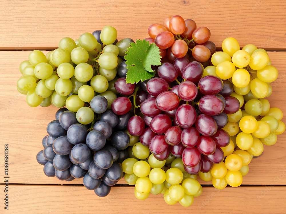 Fresh grapes arranged in a colorful pattern on a wooden table, fruit arrangement, glassware, rustic background Fresh grapes arranged in a colorful pattern on a wooden table, fruit arrangement, glassware, rustic background