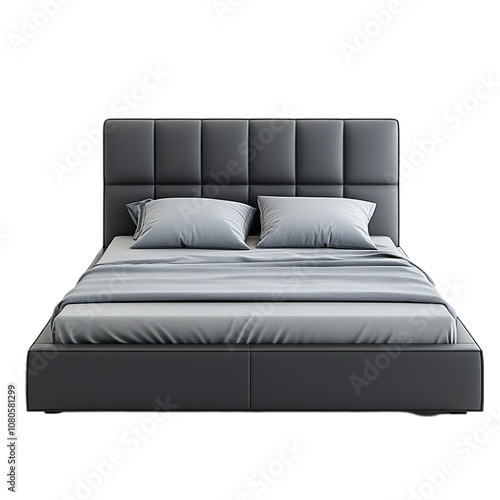 Modern gray leather frame double bed with bed linen. Isolated on transparent background.