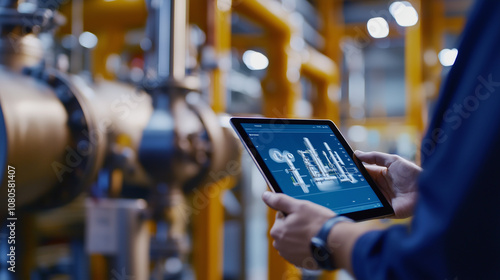 Technician using a tablet with augmented reality to inspect and maintain industrial equipment. The AR overlay highlights specific machine parts, aiding in the repair and maintenanc photo