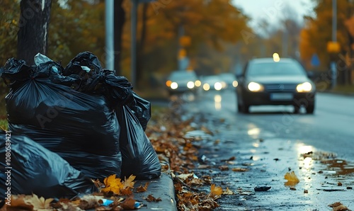 Black garbage bags with trash on the city street, in the autumn season, with cars driving in the background. View from the side of the road, in close-up.