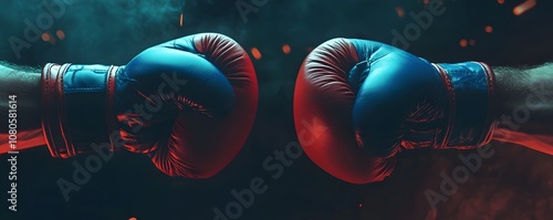 Red and blue boxing gloves on the hands of two boxers, with an epic battle background. Copy space for text. Stock photo, stock photography,  photo