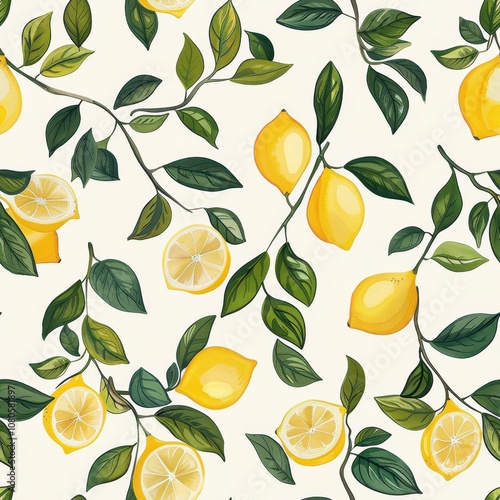 Vibrant lemon pattern design seamless fabric print trendy home decor minimalist aesthetic floral motif nature inspired
