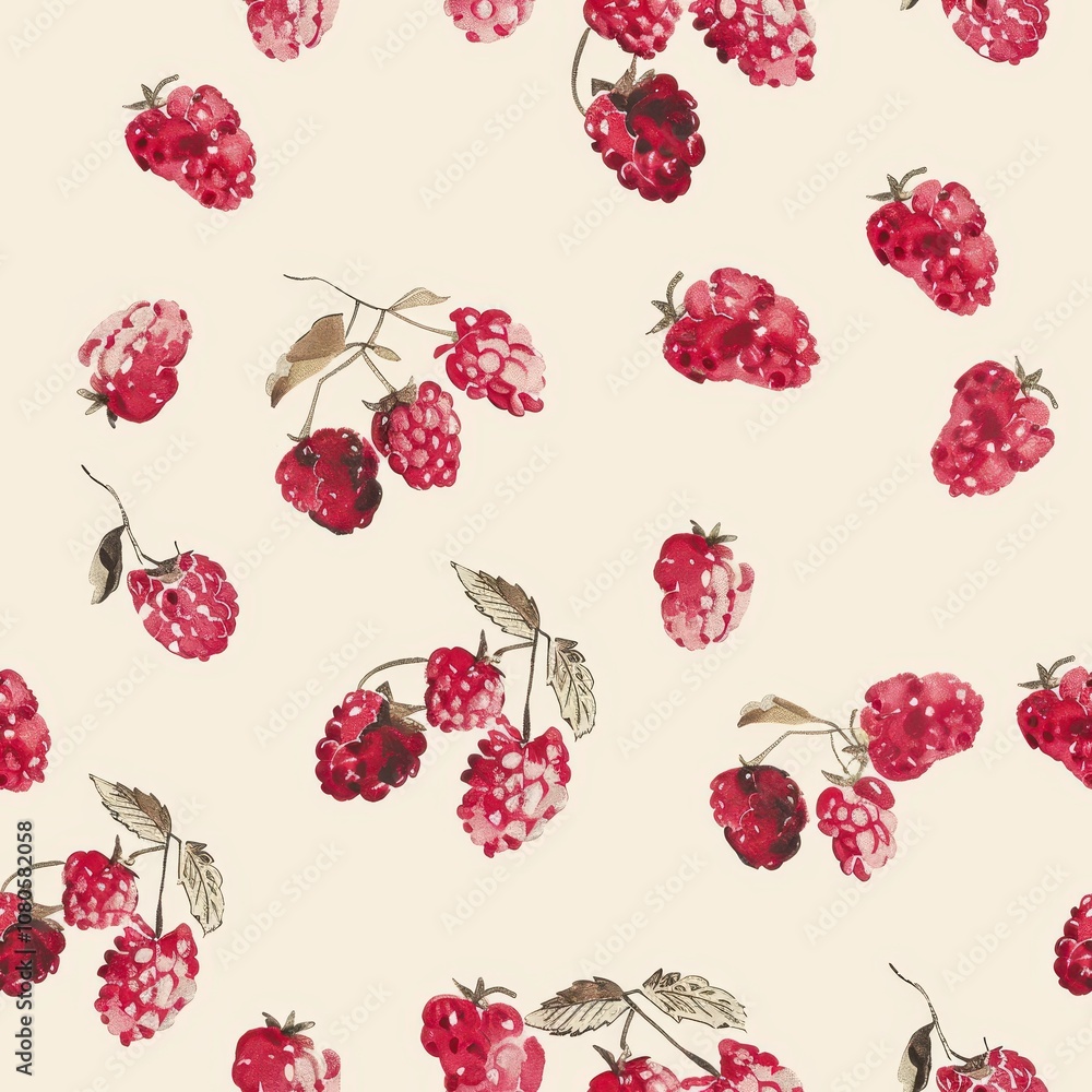 Charming raspberry fruit pattern design seamless fabric for textiles minimalist aesthetic soft color palette modern concept for fashion and home decor Charming raspberry fruit pattern design seamless fabric for textiles minimalist aesthetic soft color palette modern concept for fashion and home decor