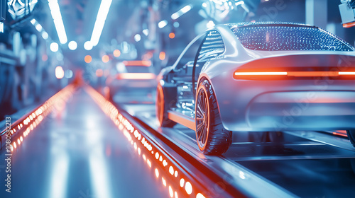 Automated car assembly line featuring synchronized robotic machinery building vehicle frames in a high-tech facility, showcasing efficiency and precision in modern automotive manuf photo