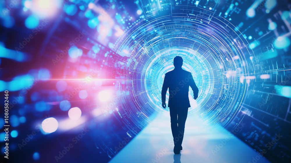A silhouetted sci-fi character walking through a portal, bathed in blue light and surrounded by digital fog, representing the journey into the unknown. Suitable for content on inno A silhouetted sci-fi character walking through a portal, bathed in blue light and surrounded by digital fog, representing the journey into the unknown. Suitable for content on inno