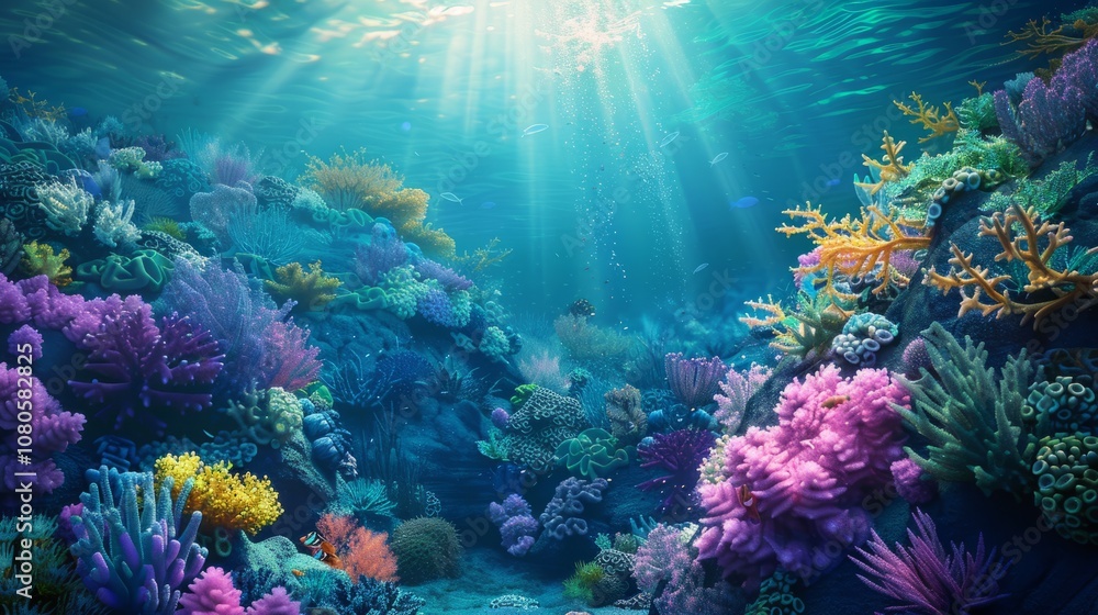 Naklejka premium Surreal underwater texture background showcasing vibrant coral reefs and surreal marine life, transporting viewers to an enchanting underwater world