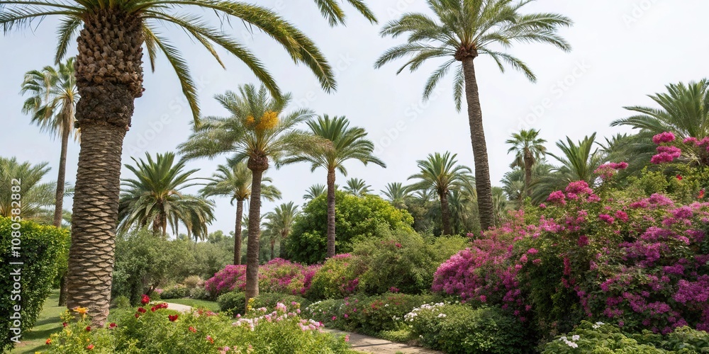 Fototapeta premium Lush environment with palm and flowering plants, nature, dark background, exotic, jungle