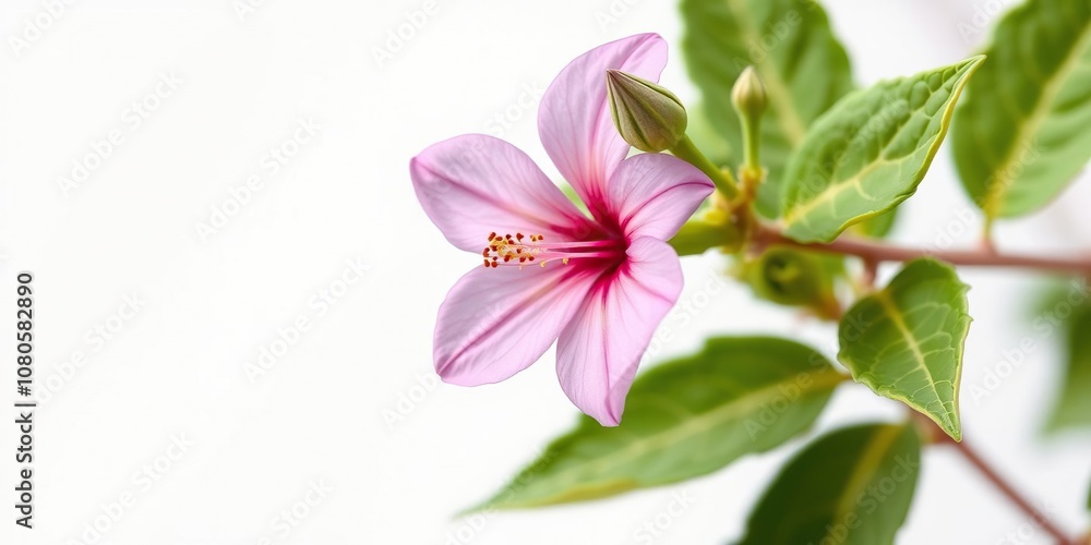 Fototapeta premium Pink flower with green leaves bud and stem in close-up on white background, stem, plant