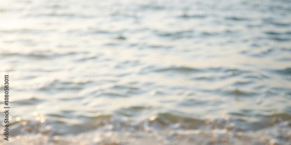 Naklejka premium Soft focus on a serene seaside landscape with gentle waves and soft sunlight, wavy lines, misty sky