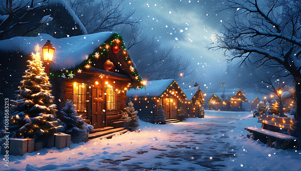 serene winter village scene with snow, lights, and festive decorations serene winter village scene with snow, lights, and festive decorations