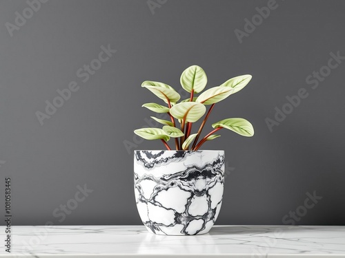 A beautiful monochrome marble pattern is incorporated into the design of a potted plant's planter, creating a unique and stylish addition to any room, monochromemarble, geometricart photo